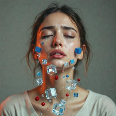 The primary subject of the image is a woman with a tear on her face. She is surrounded by a variety of blue and red cubes, which are scattered all over her face. The setting appears to be a studio or a similar environment, and the visual style is a combination of photo and digital art. The colors and mood of the image are predominantly blue and red, with the woman's tear adding a sense of emotion and vulnerability to the scene.